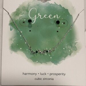 Silver Tone Emerald Green CZ Stud Earrings and Necklace with CZ Accents